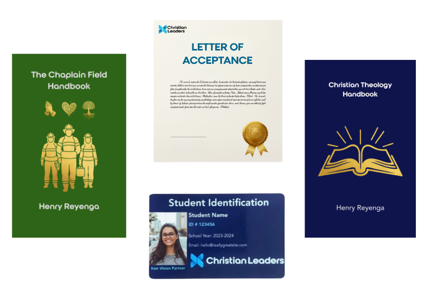 Chaplain Package with student ID, handbooks, and acceptance letter