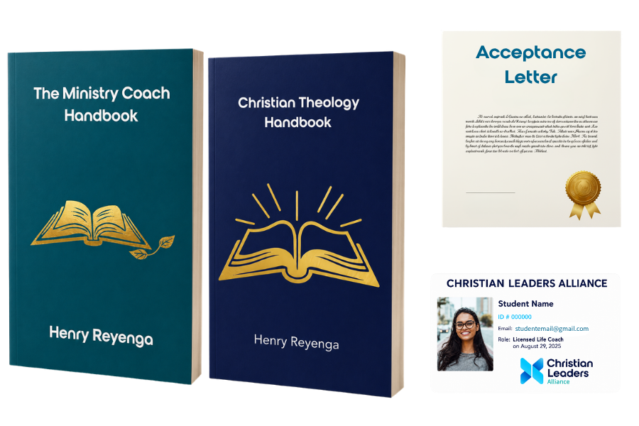 Life Coach Package featuring Christian coaching resources, a student ID, and a minister shirt